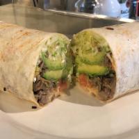 Alambre Burrito · With bacon, Mexican sausage, steak, onions, green peppers, melted cheese, white avocado, let...