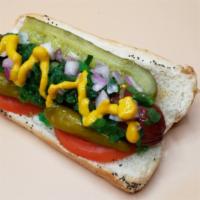 Chicago Dawg · Made the authentic Chicago way! Premium all-beef frank on a soft poppy seed roll with dill p...