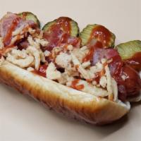Tommy’S Favorite Dawg · Premium all-beef frank with crumbled smoked bacon, bread & butter pickles, shredded cheddar,...