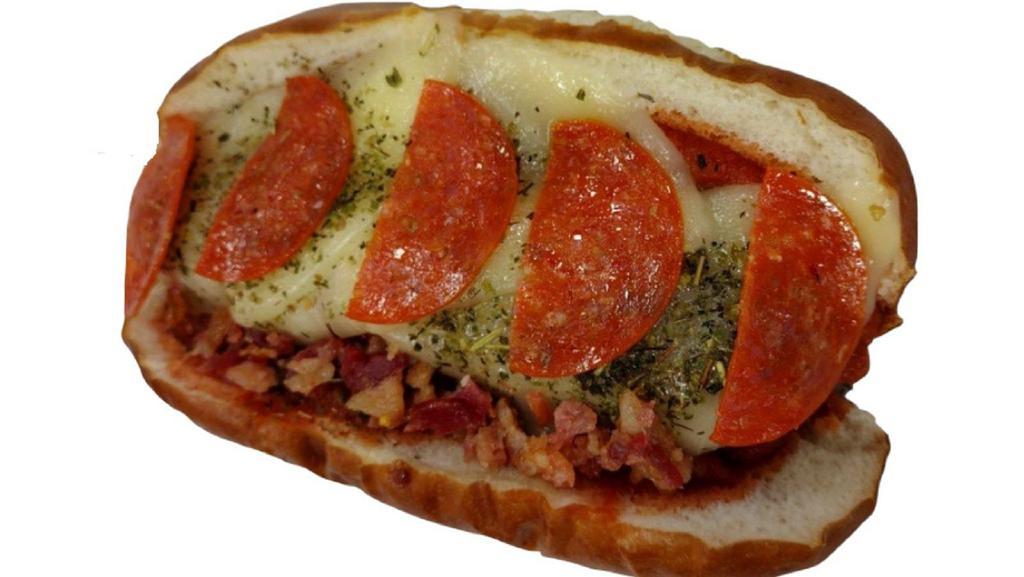Pizza Dawg (Limited Time) · Our Pizza Dawg is available for a limited time! 
Jumbo all-beef dawg, pizza sauce, melted provolone cheese, pepperoni, bacon bits and Italian seasoning, served on a steamed pretzel roll.