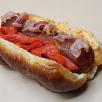 Pimento Cheese Dawg · Premium all-beef frank, pimento cheese spread, roasted red peppers, crumbled bacon, served o...