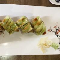 Green Dragon Roll (8 Pc) · Eel and cucumber inside topped with avocado and eel sauce.