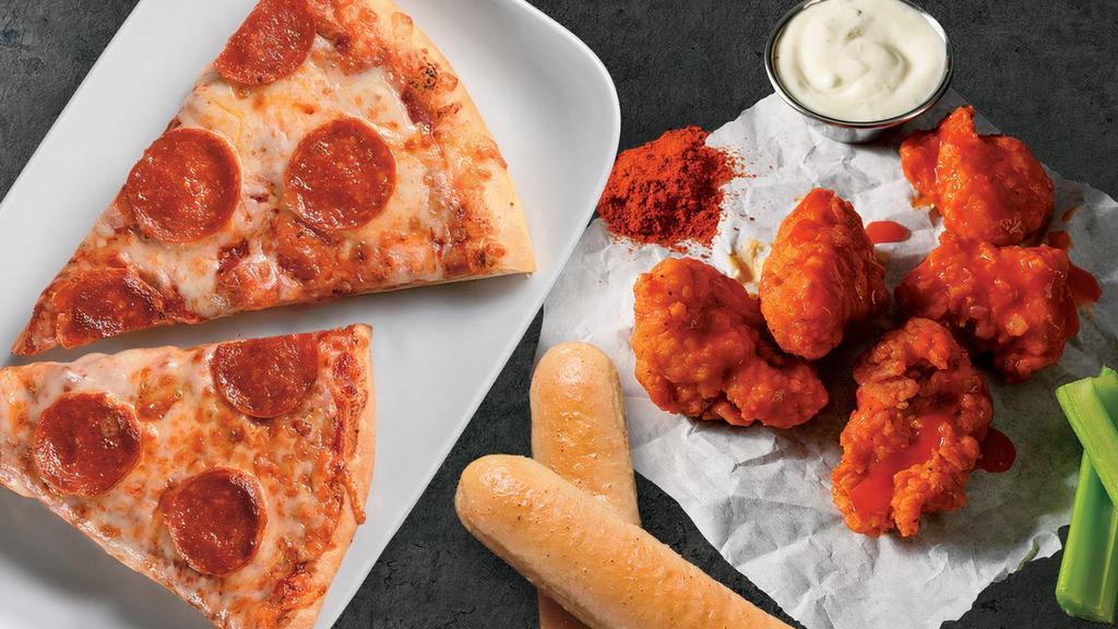 Pizza And Boneless Wings Combo · Five boneless wings (one of 7 flavors), a double slice of cheese or pepperoni pizza.  Includes ranch or blue cheese dipping. Includes 2 of our Signature Garlic Breadsticks