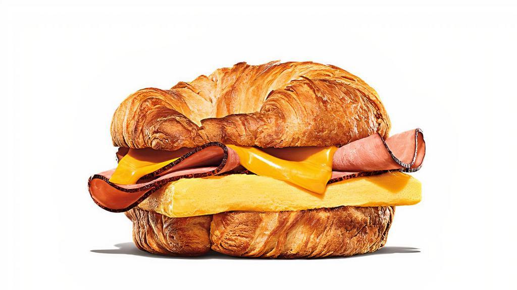 Ham, Egg & Cheese Croissan'Wich · Black Forest ham, fluffy eggs, and melted American cheese on a toasted croissant.