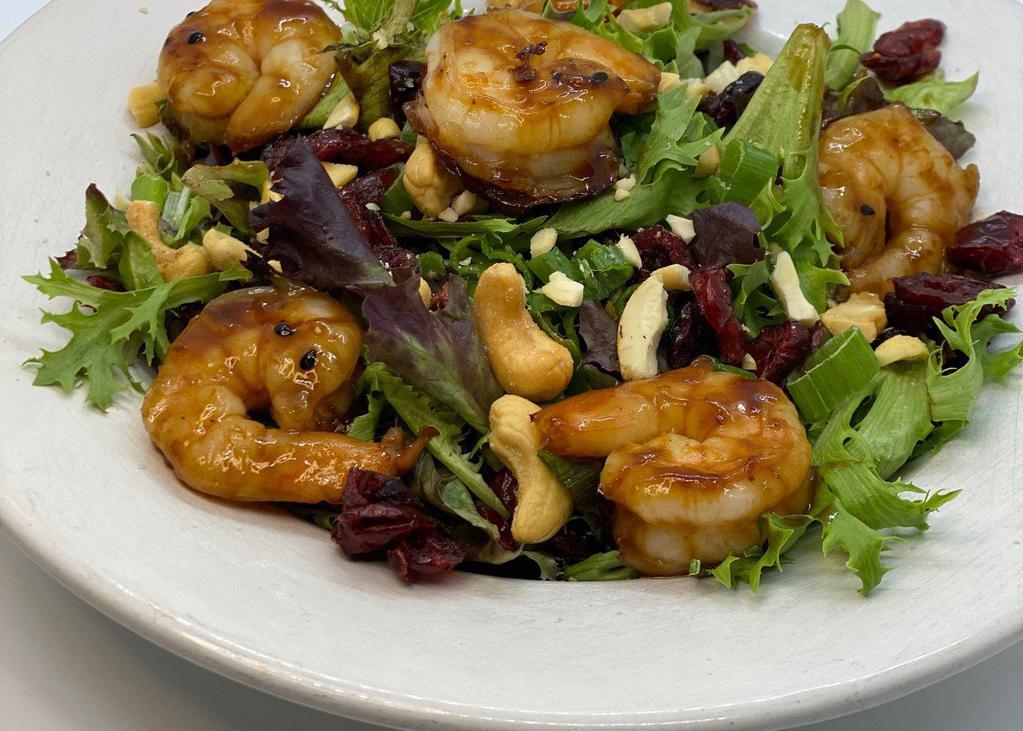 Toasted Sesame Salad · Argentinian Red Shrimp with Organic Harvest Greens, Crispy Brussels,. Cranberry, Cashews, Scallions, Pickled Red Onion,. Toasted Sesame & Ginger Dressing