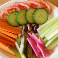 Veggie Plate · Vegan, Gluten-Free. Fresh assortment of carrot and celery sticks, cucumbers, sliced tomatoes...