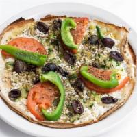 Greek Pitza · Vegetarian. Feta, za’atar, diced cucumbers, green peppers, sliced tomatoes, calamata olives,...