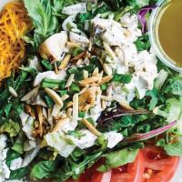 Chicken Salad · Gluten-Free, Contains Nuts. Chicken salad over mixed greens, sliced cucumbers, tomatoes, sca...