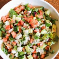 Lebanese Salata · Vegan, Gluten-Free. Chopped tomatoes, cucumbers, green peppers, scallions, onions, and parsl...