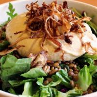 Mujadara Power Salad · Vegan, Gluten-Free, Contains Nuts. Lentils and brown rice over mixed greens topped with our ...