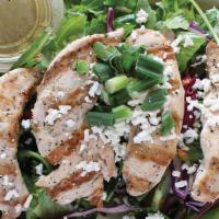 Tawook Salad · Gluten-Free. Grilled chicken tenders over mixed greens, sliced tomatoes and cucumbers, calam...