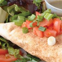 Chicken Sambusek Plate · Curried chicken, onions, sweet peas, herbs, and spices folded into a pita pie and topped wit...