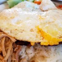 #408. Com + Eggs · Com Thap Cam Trung. Combination Rice Platter topped with Fried Eggs. Pork chops, shredded po...