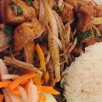 #406. Cchay · Com Chay. Stir Fried Tofu and Mock Duck Rice. Vegetarian. Spicy. Tofu mock duck stir fried w...