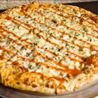 Large Buffalo Chicken Pizza · Seasoned Chicken, Bacon and Onions on top of Buffalo Ranch sauce covered with Mozzarella and...