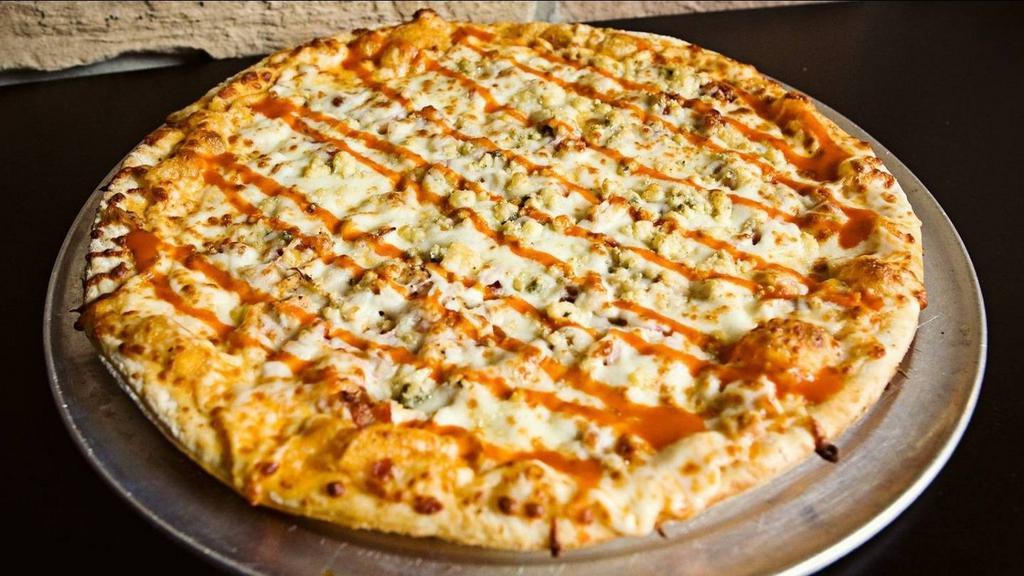 Large Buffalo Chicken Pizza · Seasoned Chicken, Bacon and Onions on top of Buffalo Ranch sauce covered with Mozzarella and Gorgonzola cheese, then drizzled with Franks Red Hot Buffalo sauce