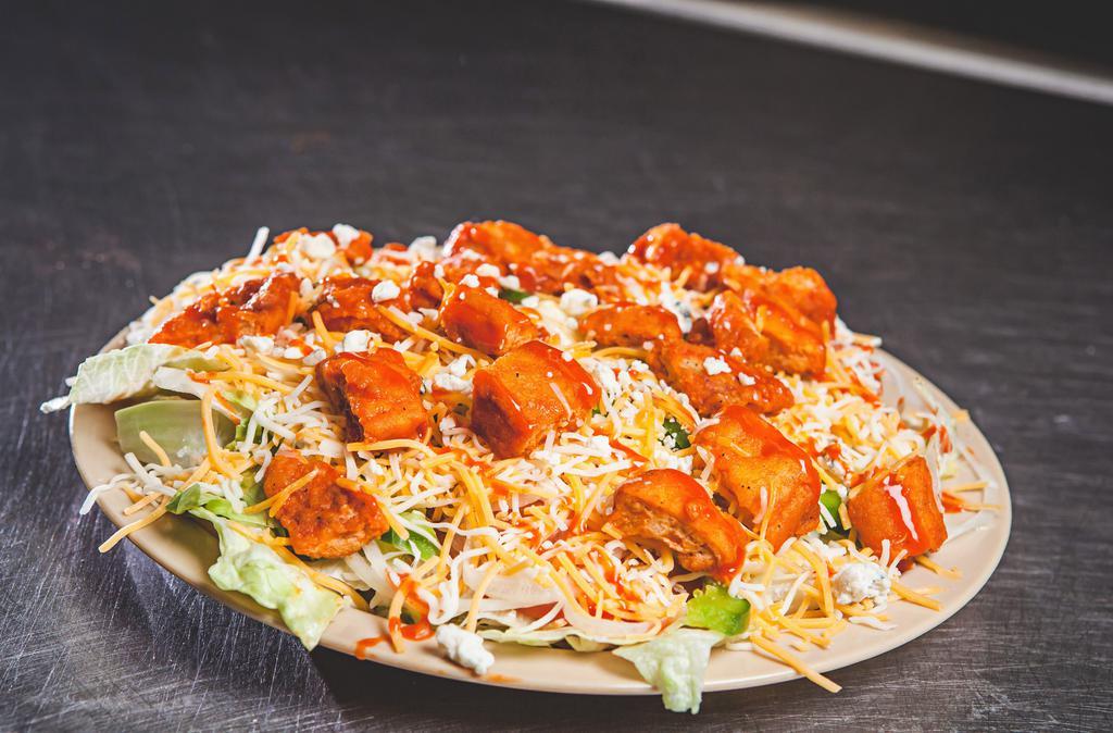 Buffalo Chicken Salad · Crispy chicken smothered in Franks Red Hot Buffalo sauce with mixed lettuce, Monterey Jack/Cheddar shredded cheese, onions, green pepper, tomato, ranch and gorgonzola crumbles