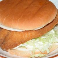 Fish Sandwich · Breaded or grilled whitefish fillet with tartar sauce and lettuce.