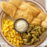 Catfish Dinner · A large catfish fillet in a crispy golden brown breading, served with two sides.