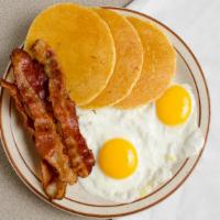 Best Buy Breakfast · Two eggs, silver dollar pancakes or toast, and choice of bacon, sausage links, sausage patti...