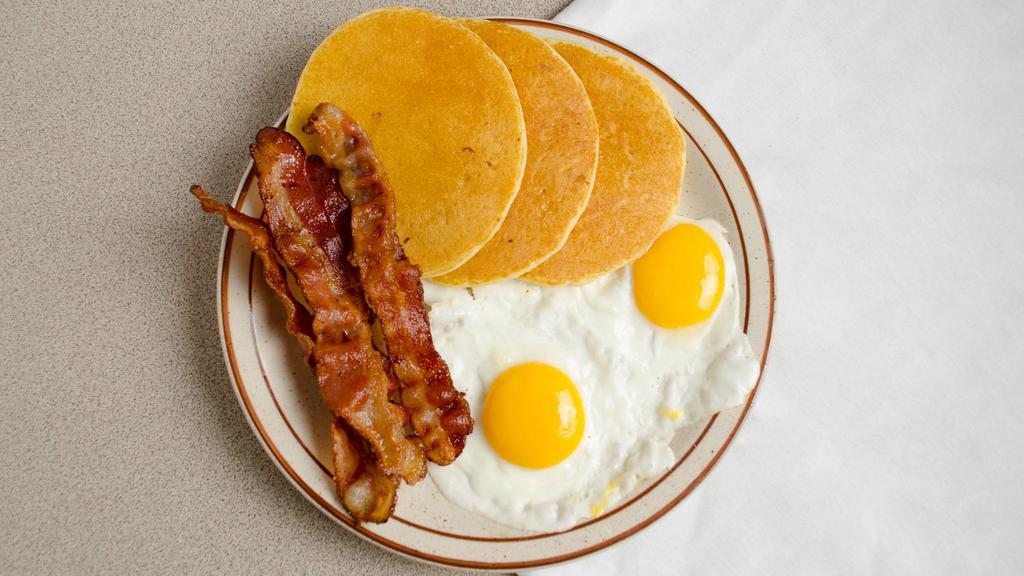 Best Buy Breakfast · Two eggs, silver dollar pancakes or toast, and choice of bacon, sausage links, sausage patties or ham.