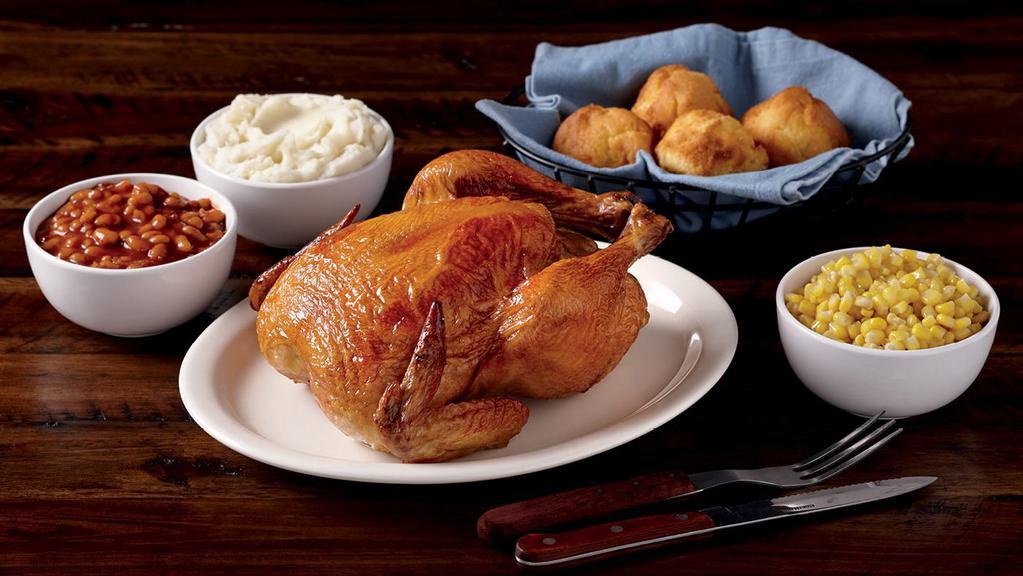 Rotisserie Dinner For 4 - Served Hot  · Rotisserie Chicken, 3 pint sides of your choice and 4 corn muffins.  Served hot.
2340-6540 cal. per order.