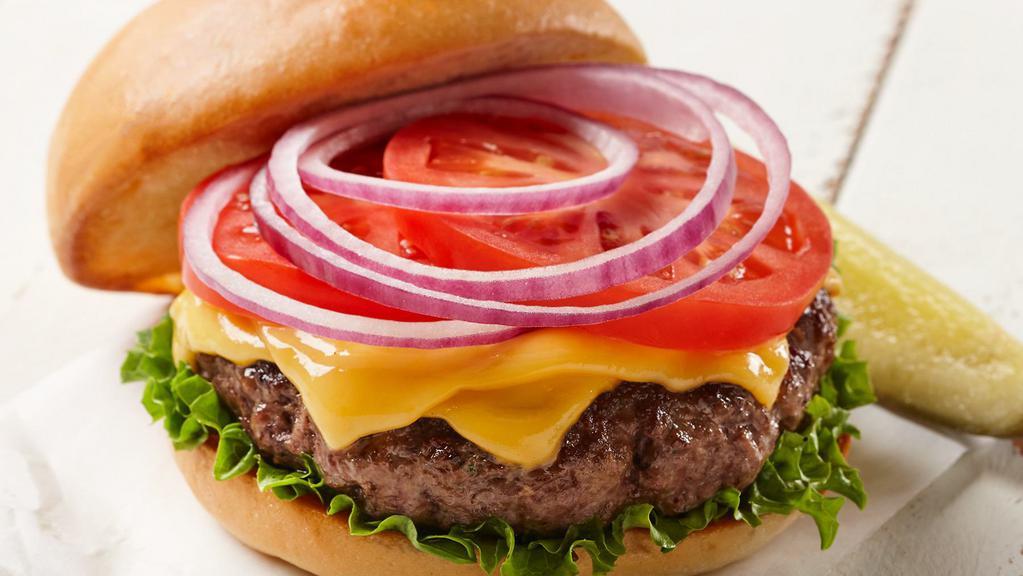Cheeseburger · ½ lb. burger, choice of cheese: American, Colby jack, pepper jack, Swiss, or white cheddar, bakery bun (1020-1070 cal.)