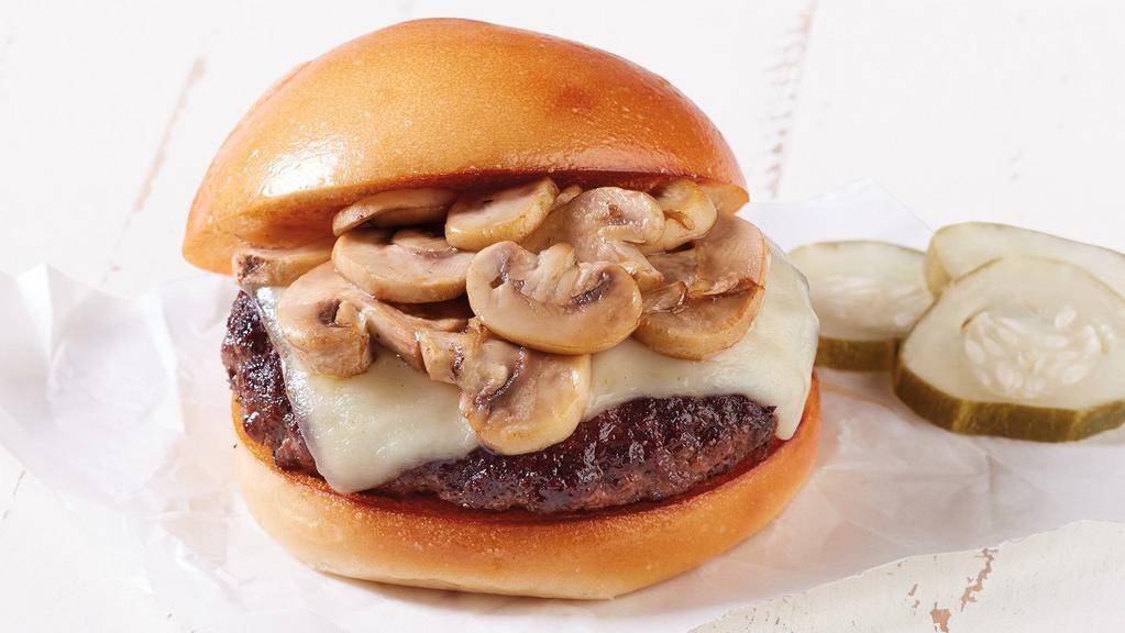 Mushroom & Swiss Burger  · ½ lb. burger, sautéed mushrooms, Swiss cheese, bakery bun (1090 cal.)