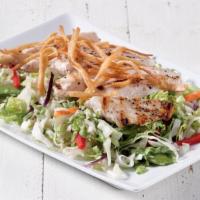 Asian Chicken Salad  · grilled chicken, romaine, cabbage, carrots, snap peas, red peppers, wonton strips, green oni...