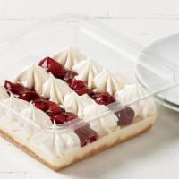 Cherry Cheesecake · Cream cheese flavored cheesecake filling over a graham cracker base. Topped with cherry pie ...