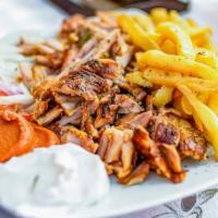 Gyro Fries · Deep-fried golden crunchy fries topped with Kronos gyros, onions, juicy chopped tomatoes, cu...