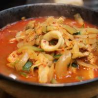 Jjamppong Soup/ 짬뽕 · A hearty and spicy stew with shrimp, squid, mussels, octopus, pork, onion, napa cabbage, car...