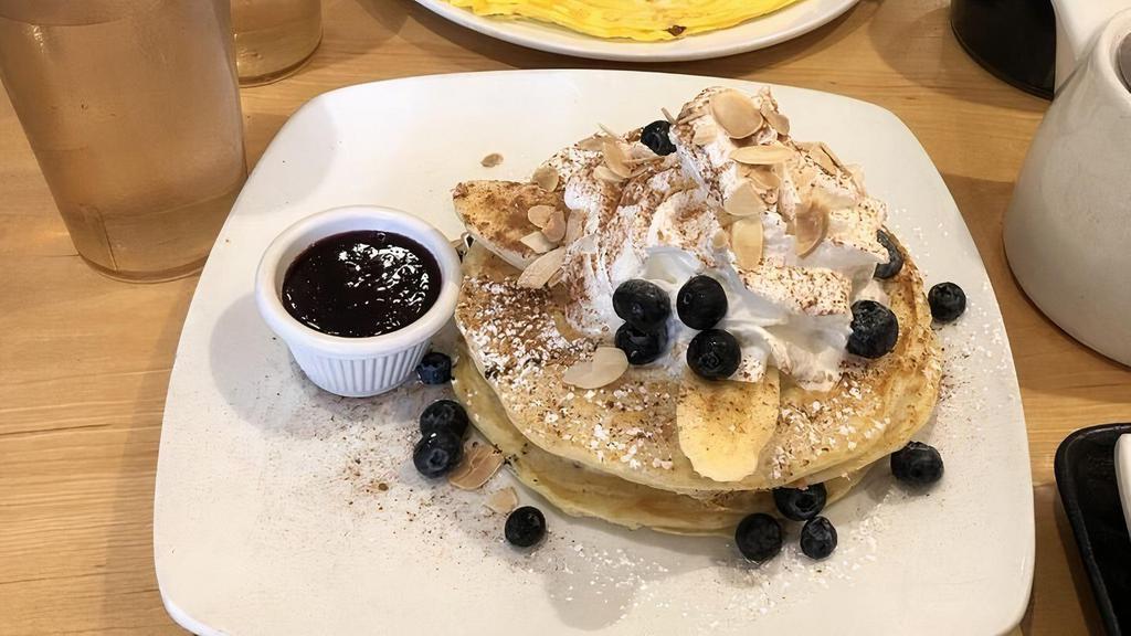 Blueberry Lavender Pancake · Vegetarian. Lavender infused blueberry syrup with fresh blueberries, banana, almonds and whipped cream.
