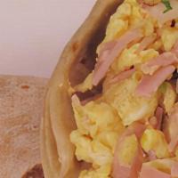 Breakfast Burrito · Ham, pico de gallo eggs and cheese.