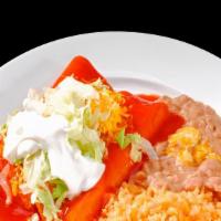 Two Enchiladas · Two enchiladas with rice and beans (ground beef shredded beef,cheese or chicken)