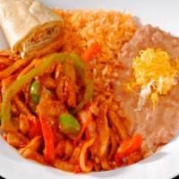 Chicken Fajita · grilled chicken with onions,tomatoes,pepper,spicy salsa,rice and beans