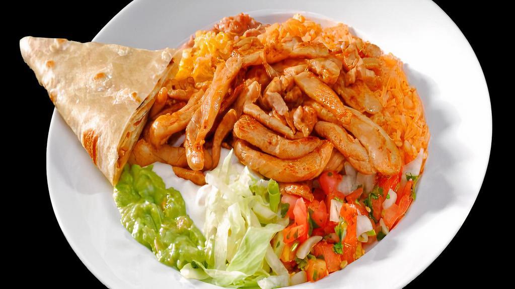 Pollo Asado · Grilled chicken with pico de gallo,lettuce,guacamole,sour cream,rice and beans