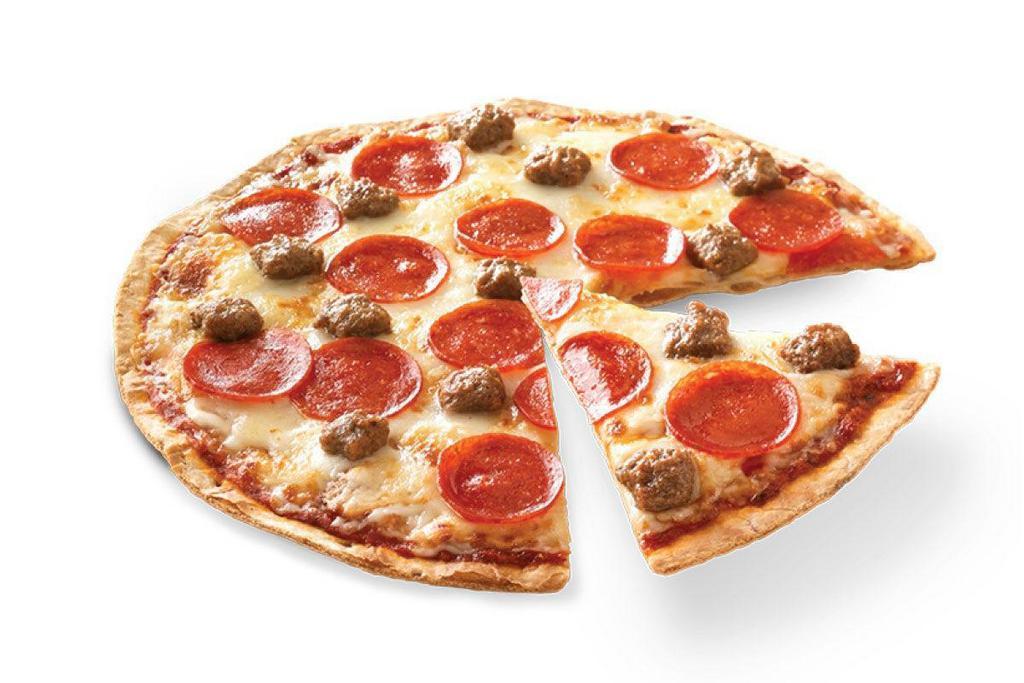 Thin Crust Cheese Mountain Pizza (Baked) · Choose between Pepperoni, Sausage, Chicken Alfredo, BBQ Chicken and Sausage & Pepperoni