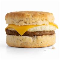 Sausage Biscuit Breakfast Sandwich · Sausage patty, egg and American cheese on a flaky biscuit