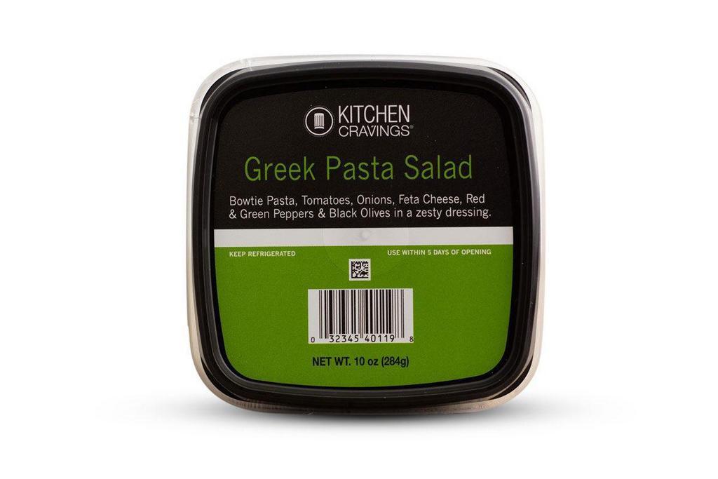 Greek Pasta Salad 10Oz · Bowtie Pasta, Tomatoes, Onions, Feta Cheese, Red and Green Peppers, and Black Olives in a zesty dressing