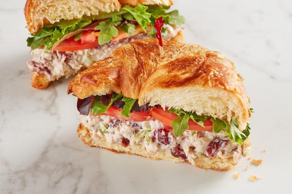 Harvest Chicken Salad (Contains Pecans) · Chicken salad with cranberries and pecans, spring mix and tomato on croissant. *This product contains pecans*.