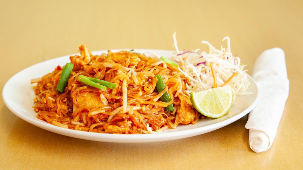 Pad Thai · Your choice of meat and noodles stir-fried with egg, bean sprouts, green onions, sweet and sour sauce, and topped with roasted peanuts.