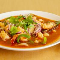 66 Combo* · Squid, scallops, mussels, jumbo shrimp, onions, and bell peppers in chili sauce topped with ...