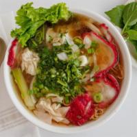 Wonton Noodle Soup · Egg noodles with pork and shrimp wontons in pork broth with BBQ pork, lettuce
scallions and ...