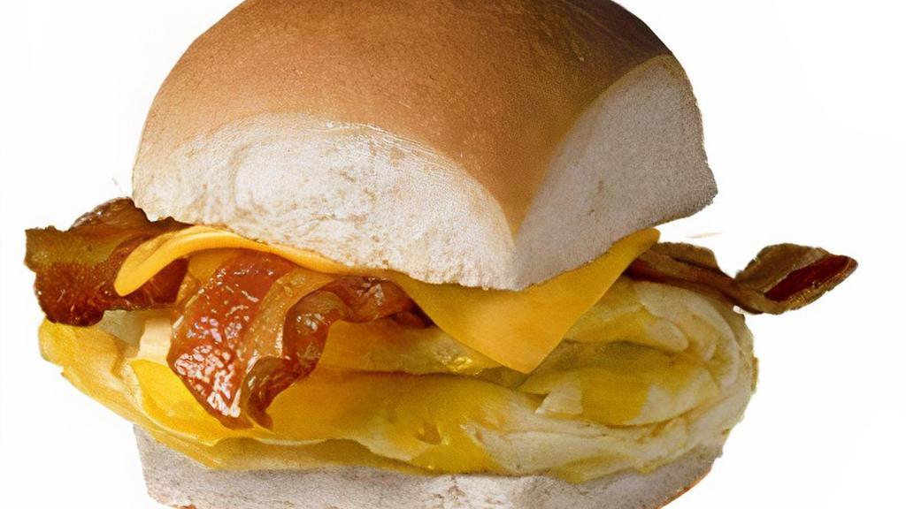 Bacon Breakfast Slider Cal 260 · Hickory-smoked bacon, a fresh-cracked egg, and your choice of American, Jalapeno, or Smoked Cheddar cheese on our signature bun.