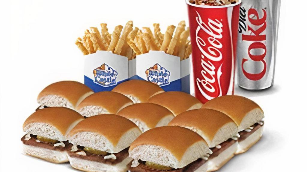 Let'S Get Cheesy Meal · 10 Cheese Sliders, 2 small fries, and 2 small soft drinks. Choose American, jalapeno, or smoked cheddar cheese.