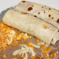Beef Or Chicken Burrito Combo (2) · BEEF. MEAT, CHEESE AND BEANS.
CHICKEN. MEAT, CHEESE, LETTUCE AND RICE.
