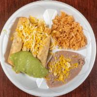4 Rolled Taquitos · Includes rice and beans.