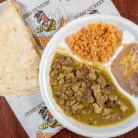 Green Chile Plate · With rice and beans.