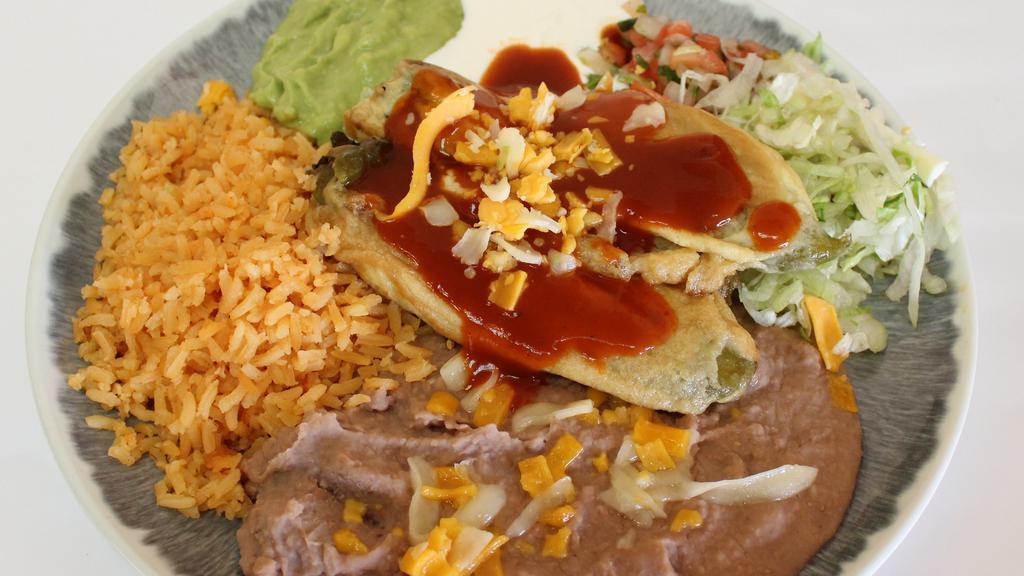 2 Chiles Rellenos · Includes rice and beans.